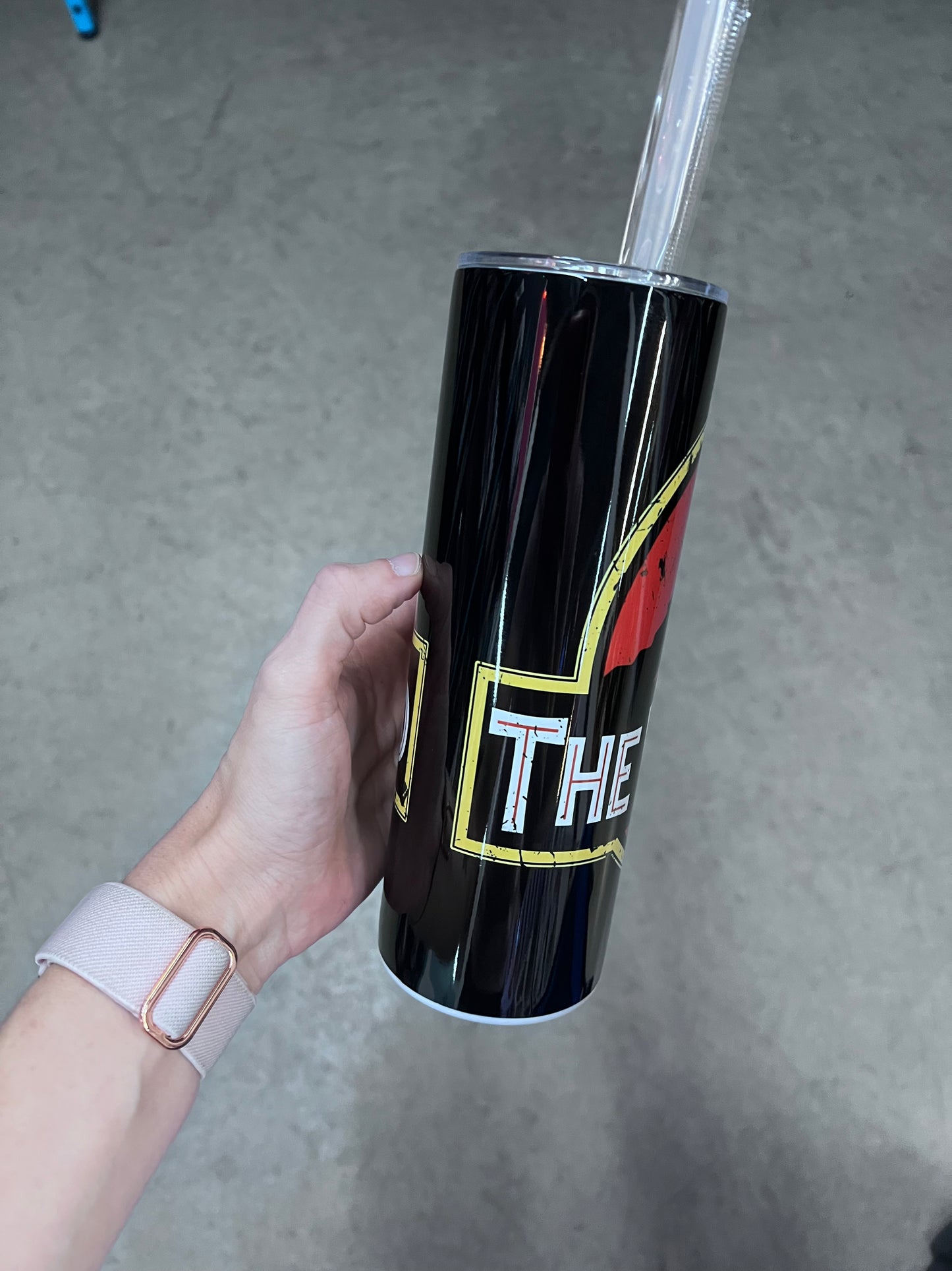 Fallout Deathclaw 20oz skinny tumbler with distressed wasteland inspired artwork