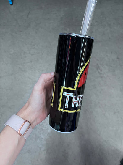 Fallout Deathclaw 20oz skinny tumbler with distressed wasteland inspired artwork