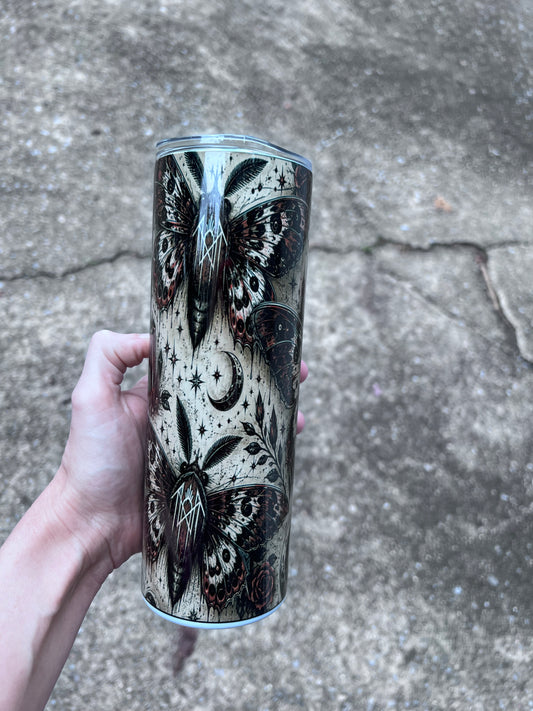 Sleep Token inspired gothic moth tumbler with moons, moths, crystals, and dark botanical artwork