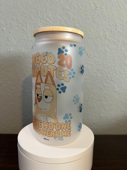 16oz Bluey Frosted Glass Tumbler featuring bluey cartoon dog inspired artwork