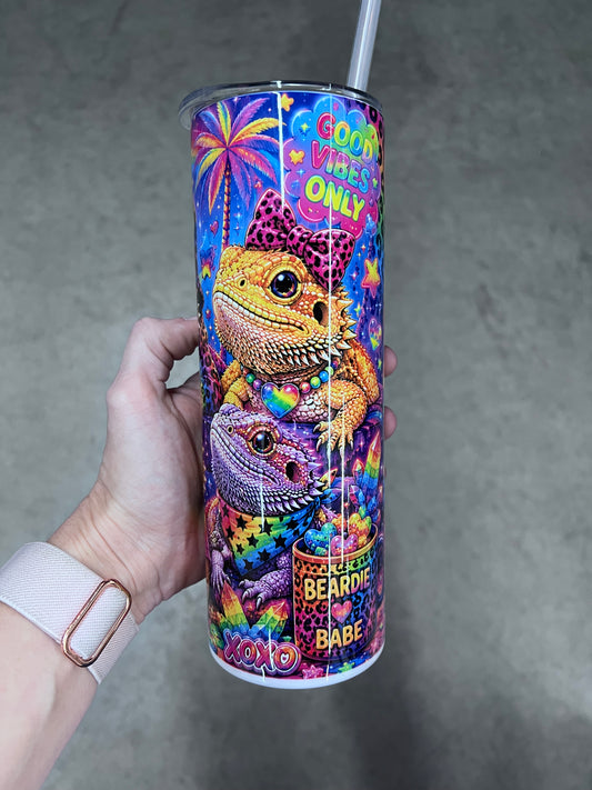 Beardies of Culture Beardie Love tumbler with colorful rainbow bearded dragon artwork