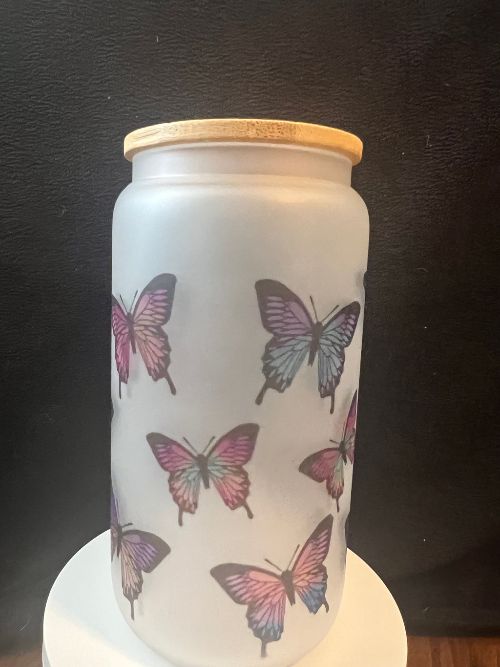 16oz Frosted Glass Butterfly Tumbler