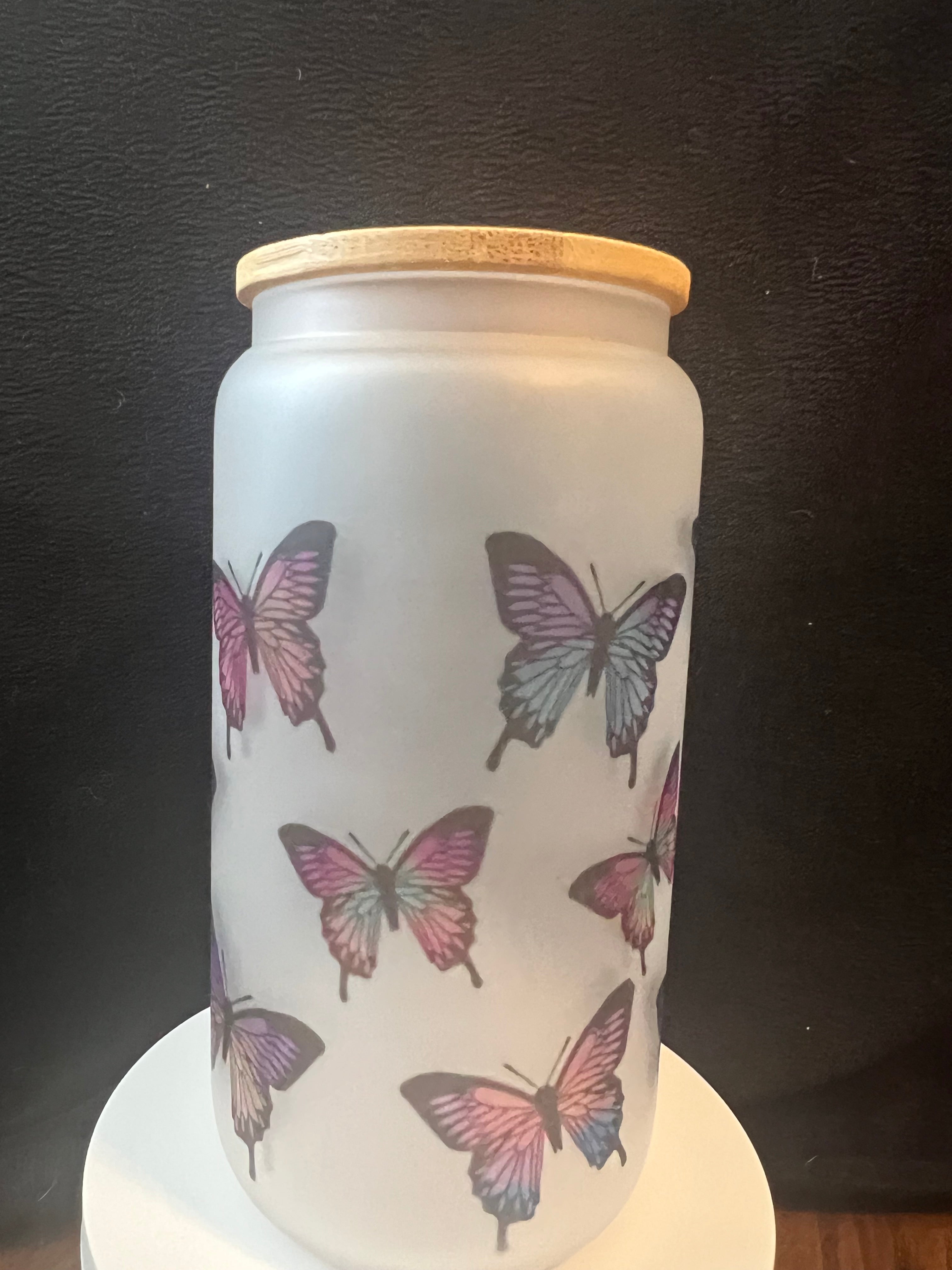16oz Frosted Glass Butterfly Tumbler