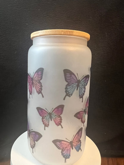 16oz Butterfly Frosted Glass Tumbler featuring butterfly aesthetic inspired artwork