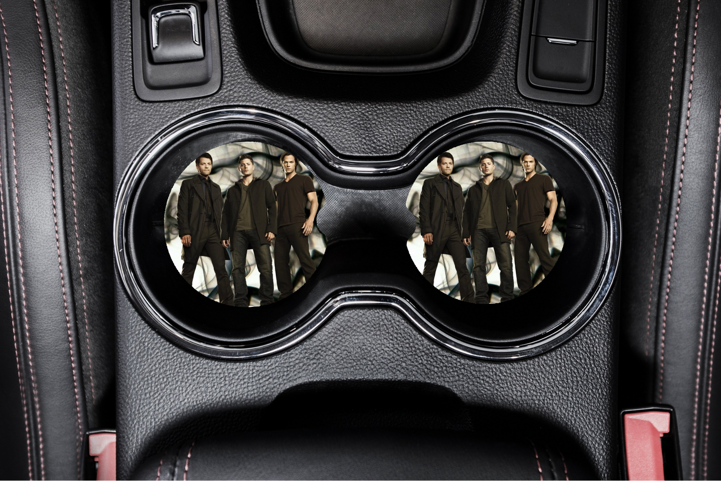 Supernatural Car Coaster Set | Dean Winchester Sam Winchester Castiel Car Accessories | SPN Fandom Decor featuring the design artwork