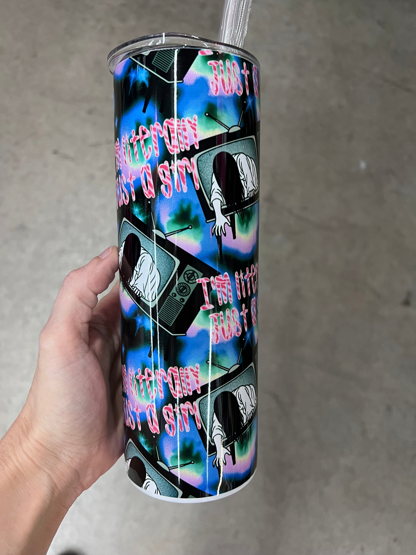 I'm literally just a girl Samara The Ring horror 20oz skinny tumbler with Y2K aesthetic⁠