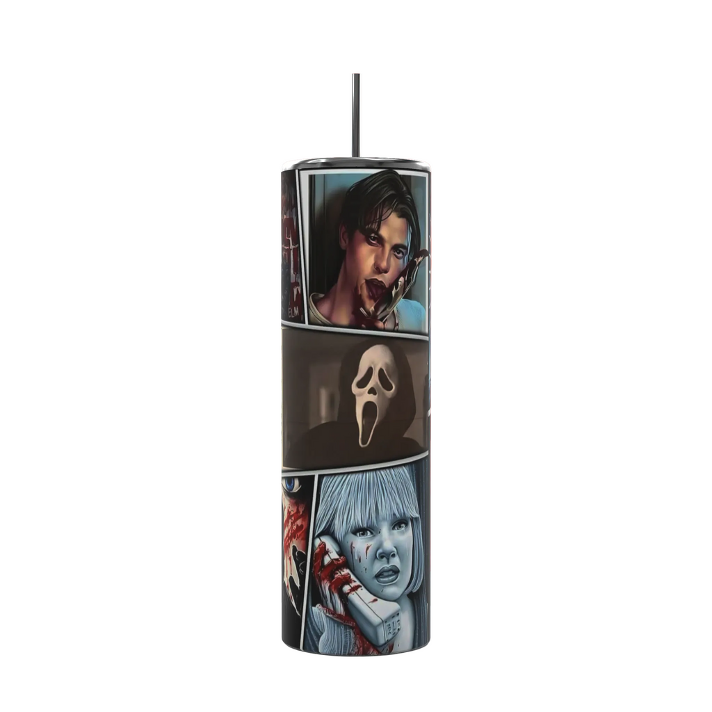 20oz Ghostface tumbler featuring Woodsboro newspaper artwork and horror-inspired slasher design.