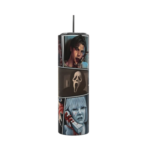 20oz Ghostface tumbler featuring Woodsboro newspaper artwork and horror-inspired slasher design.