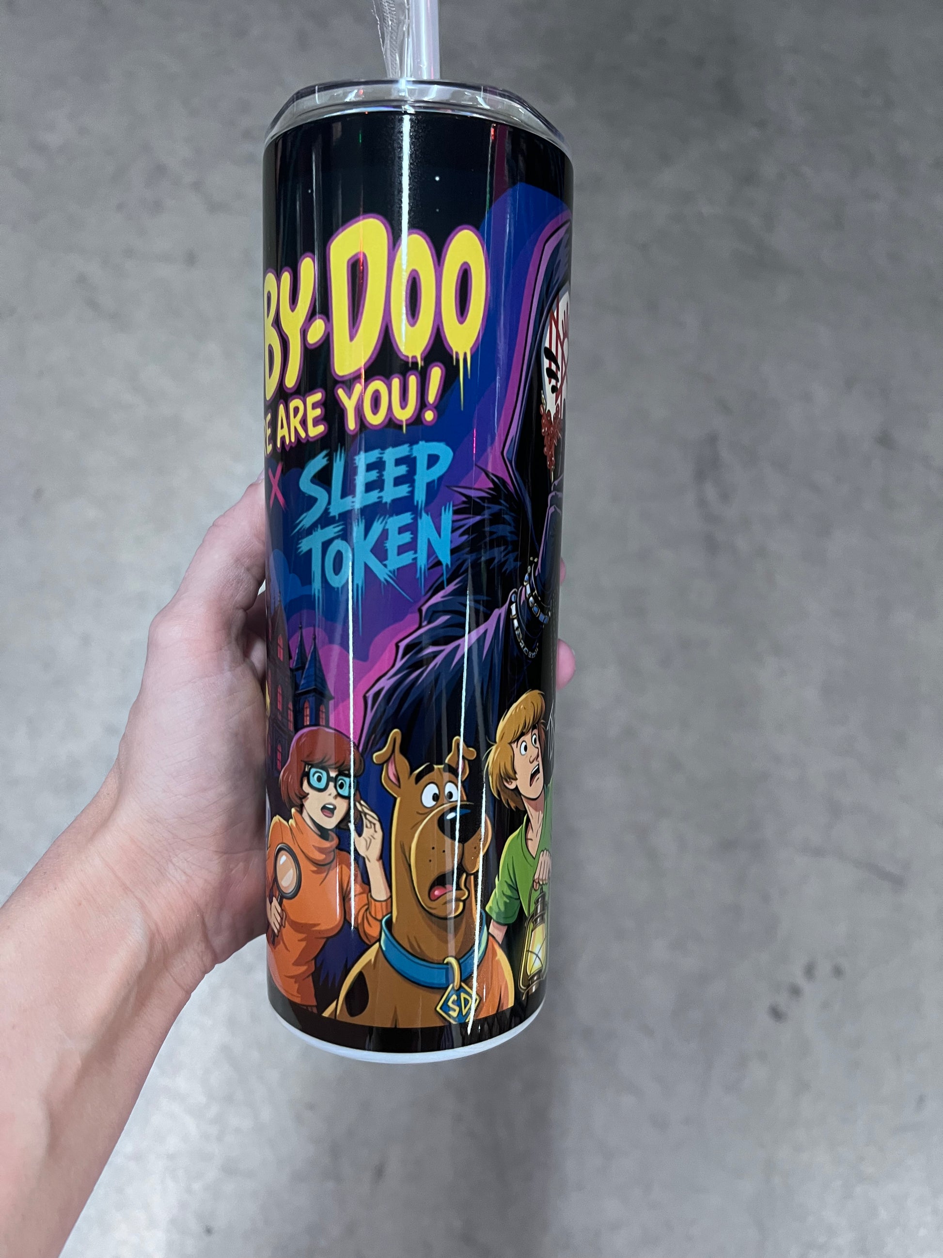 Scooby-Doo and Sleep Token inspired horror cartoon mashup tumbler with spooky mystery artwork