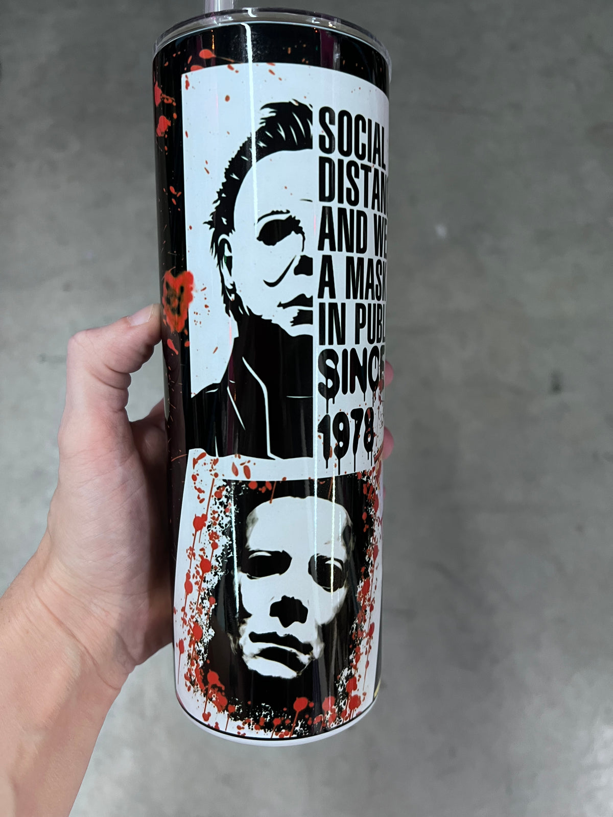 Michael Myers horror tumbler side view with 'No Trespassing We're Tired of Hiding the Bodies' warning sign graphic⁠