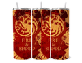 Targaryen "Fire & Blood" 20oz Skinny Tumbler - Red & Gold Dragon Sigil Splatter Wrap