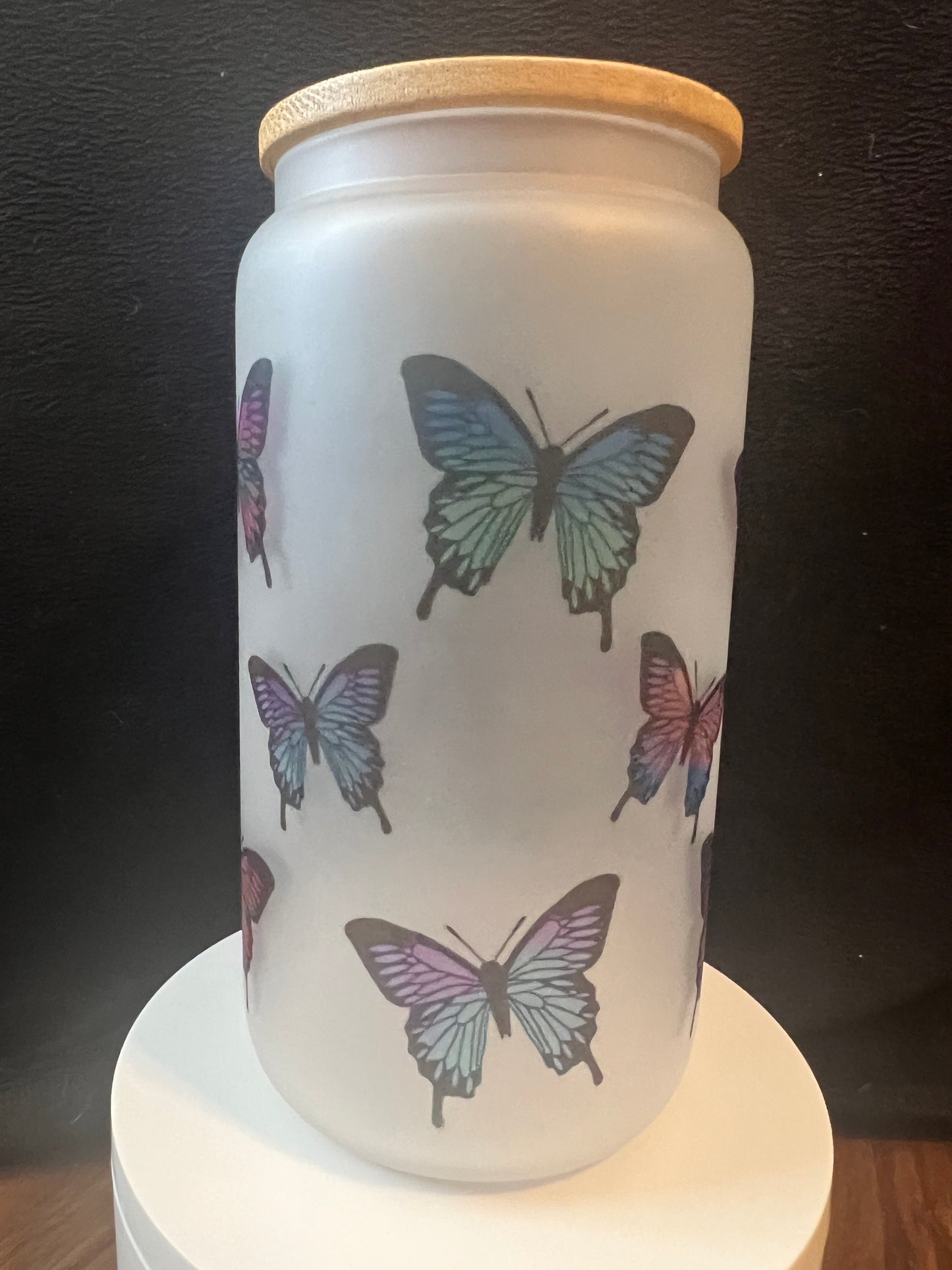 16oz Frosted Glass Butterfly Tumbler