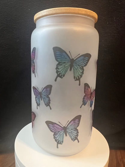 16oz Butterfly Frosted Glass Tumbler featuring butterfly aesthetic inspired artwork
