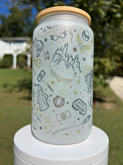 16oz Harry Potter Collage Frosted Glass Tumbler featuring harry potter collage inspired artwork