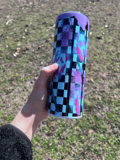 20oz Purple Checkered Ghostface Horror Tumbler featuring fandom-inspired artwork