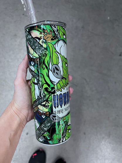 Retro Goosebumps HorrorLand tumbler side profile with glitter accent stripes and vintage monster collage⁠