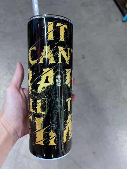 The Crow tumbler featuring Eric Draven in a black and gold gothic design
