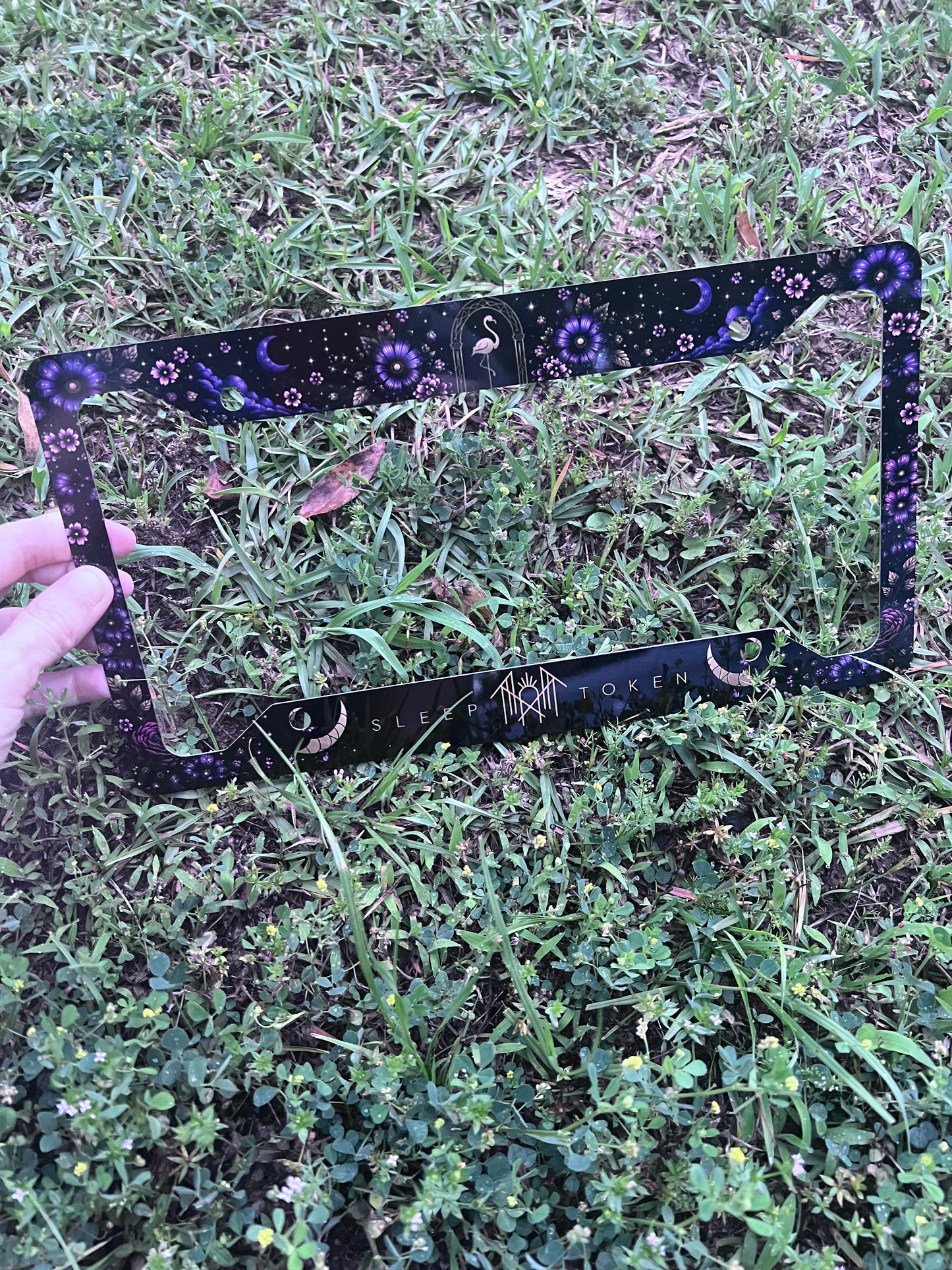 Sleep Token inspired floral license plate frame with celestial and dark floral artwork