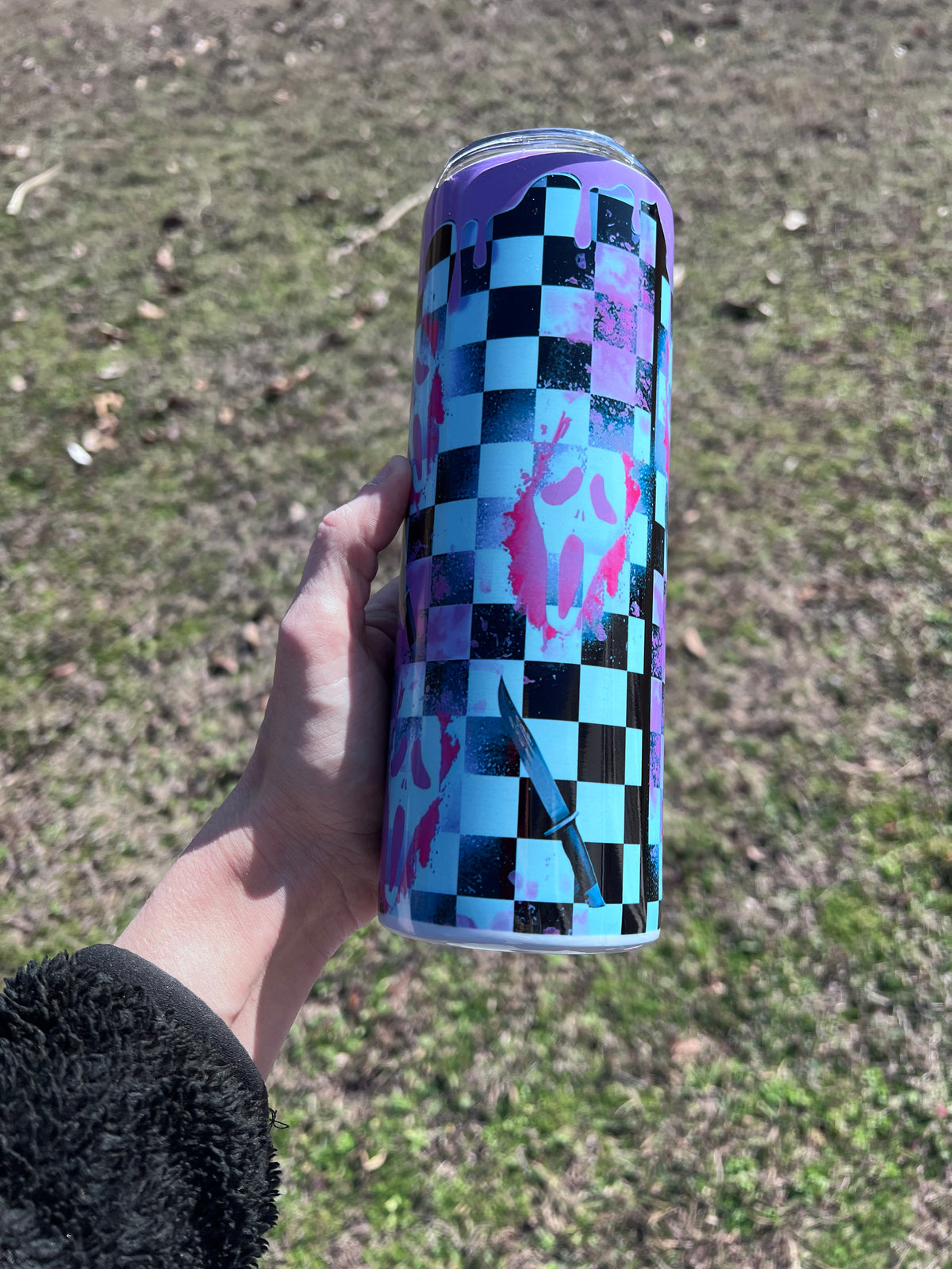 20oz Purple Checkered Ghostface Horror Tumbler featuring fandom-inspired artwork