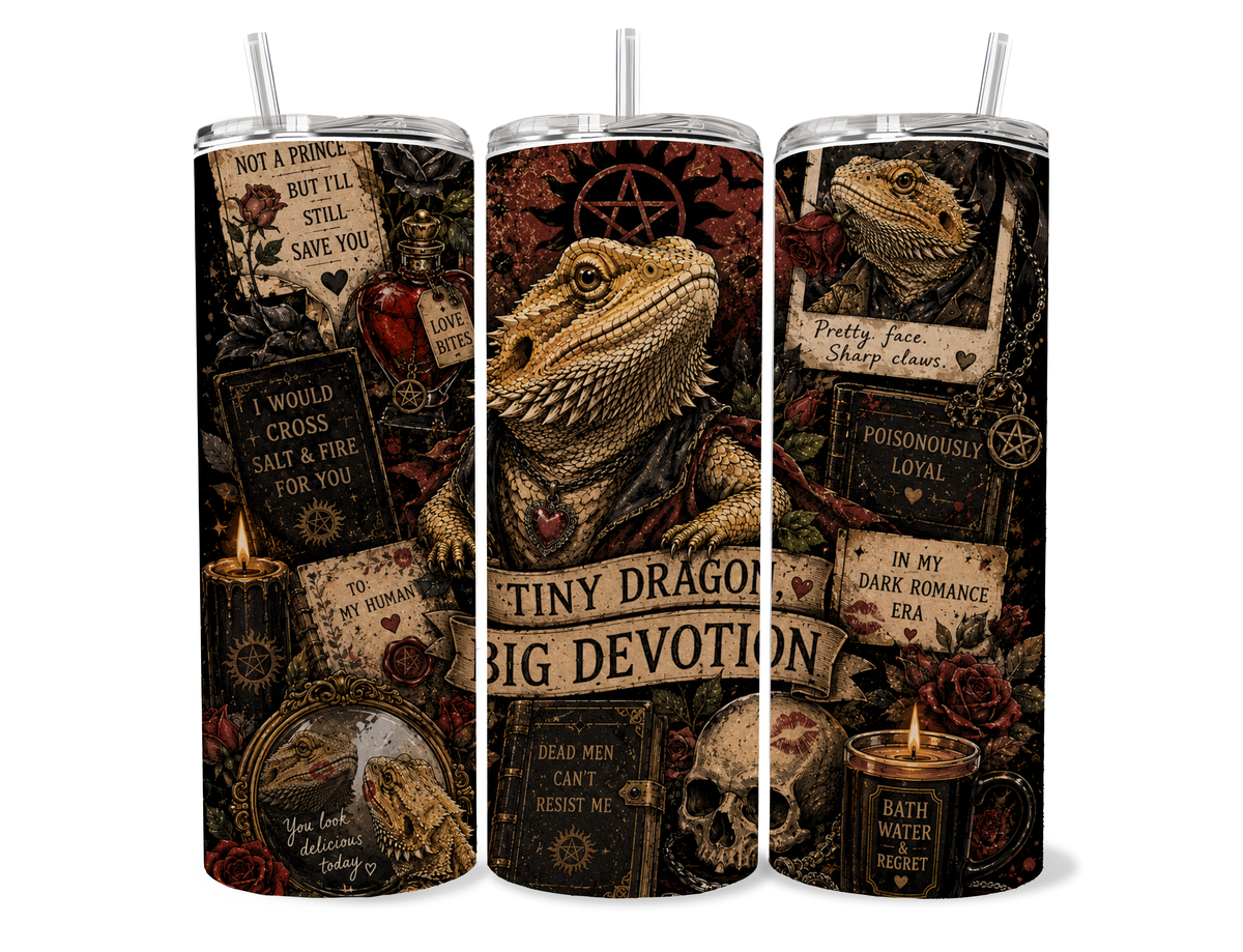 Beardies of Culture Tiny Dragon Big Devotion tumbler with dark romance and bearded dragon artwork
