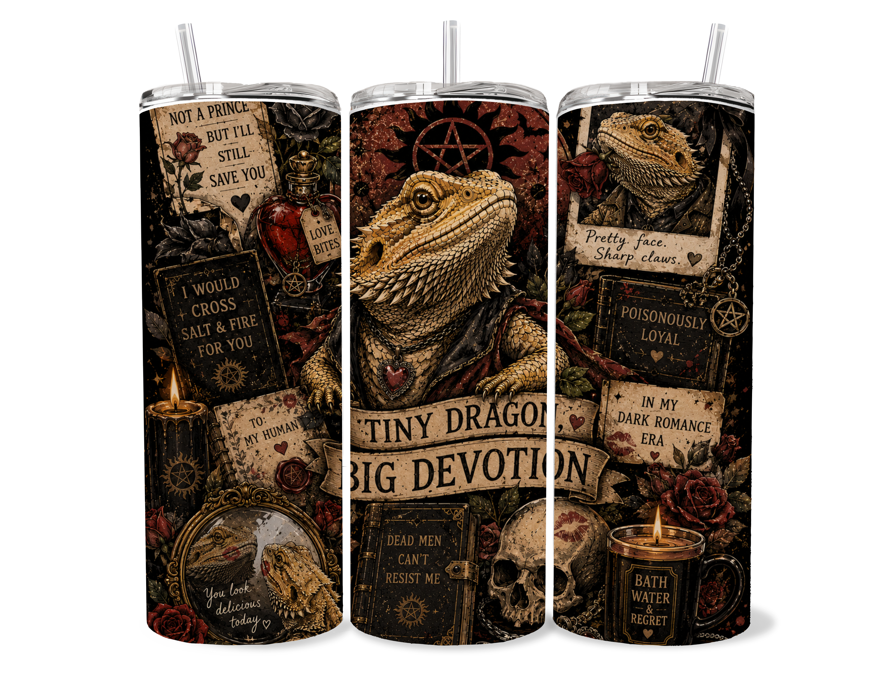 Beardies of Culture™ Tiny Dragon, Big Devotion 20oz Stainless Steel Tumbler | Dark Romance Bearded Dragon Cup