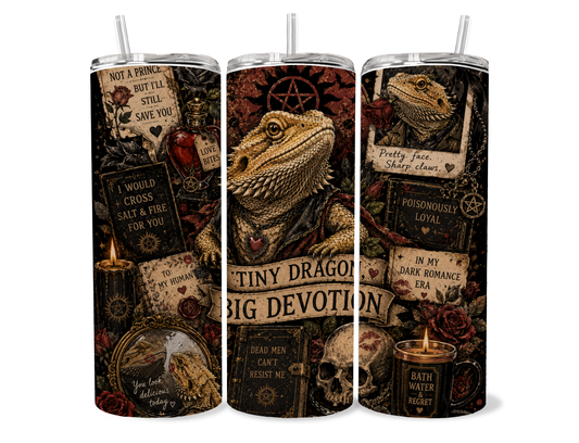 Beardies of Culture Tiny Dragon Big Devotion tumbler with dark romance and bearded dragon artwork