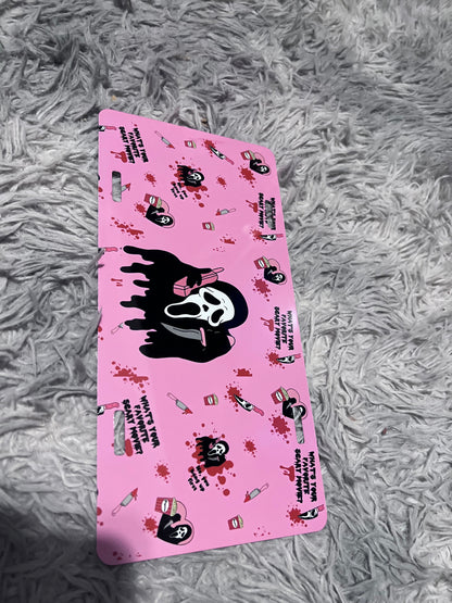 Ghostface Pink License Plate | Horror Car Decor featuring ghostface and scream horror inspired artwork