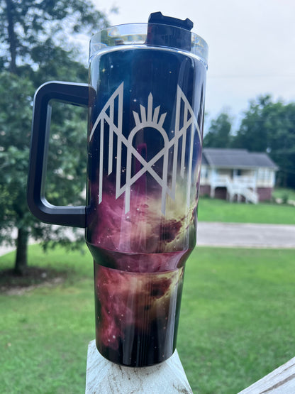 Sleep Token cosmic galaxy 40oz tumbler with nebula and celestial symbol artwork