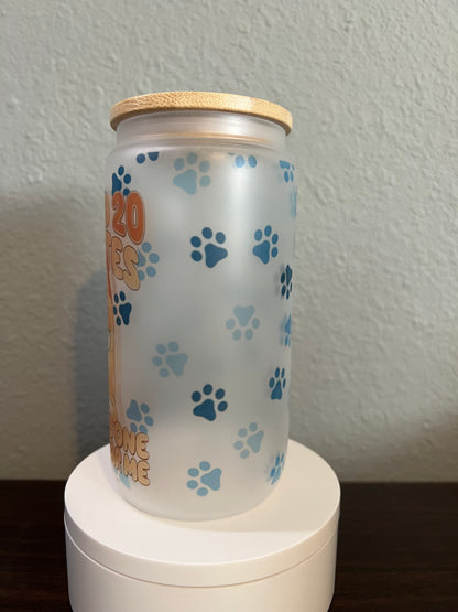 16oz Bluey Frosted Glass Tumbler featuring bluey cartoon dog inspired artwork