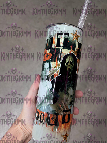Custom 20oz skinny tumbler featuring a 90s Scream movie collage wrap with Billy Loomis, Stu Macher, and Ghostface aesthetics.