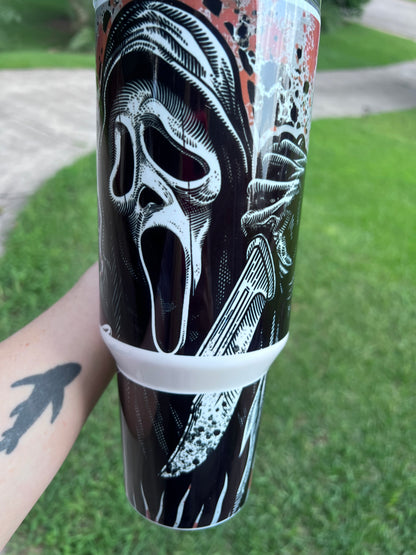 40oz Ghostface Tumbler with Handle | Scream featuring scream ghostface inspired artwork