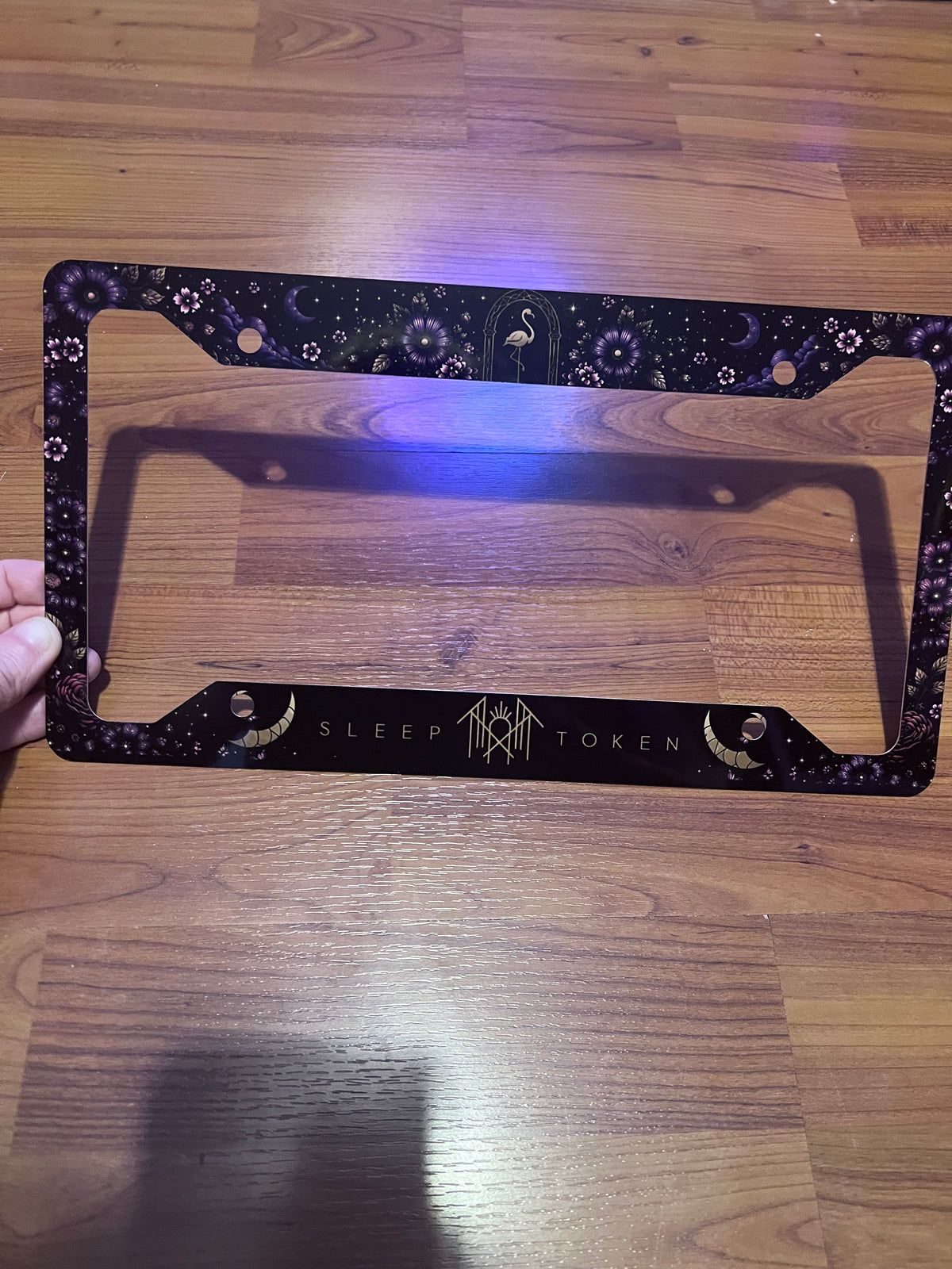 Sleep Token inspired floral license plate frame with celestial and dark floral artwork