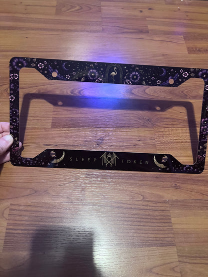 Sleep Token inspired floral license plate frame with celestial and dark floral artwork