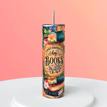 20oz Easily Distracted by Books Tumbler featuring book lover reader inspired artwork