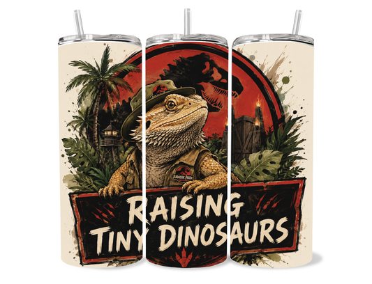 Beardies of Culture Raising Tiny Dinosaurs tumbler with adventurous bearded dragon artwork