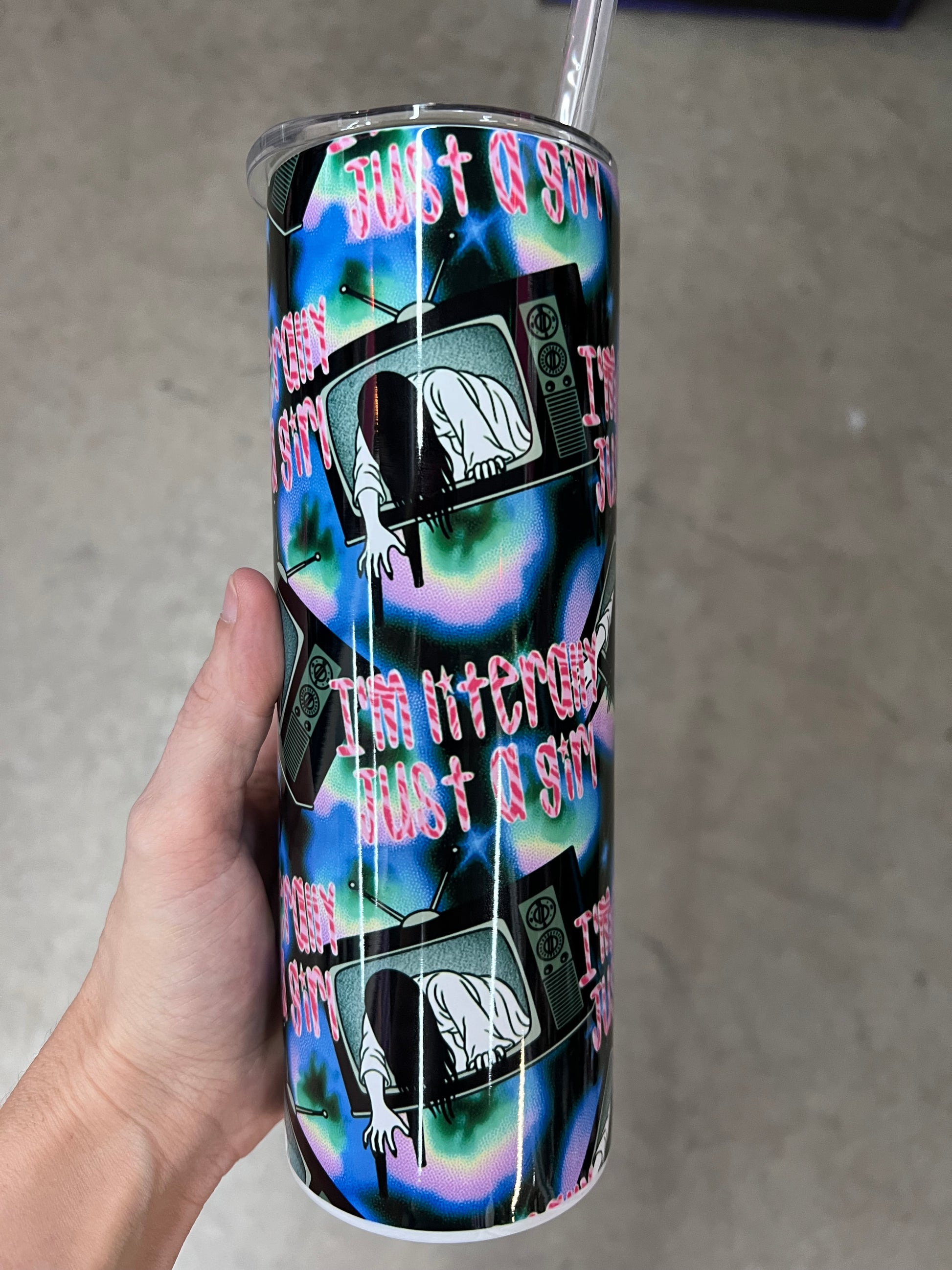 I'm literally just a girl Samara The Ring horror 20oz skinny tumbler with Y2K aesthetic⁠