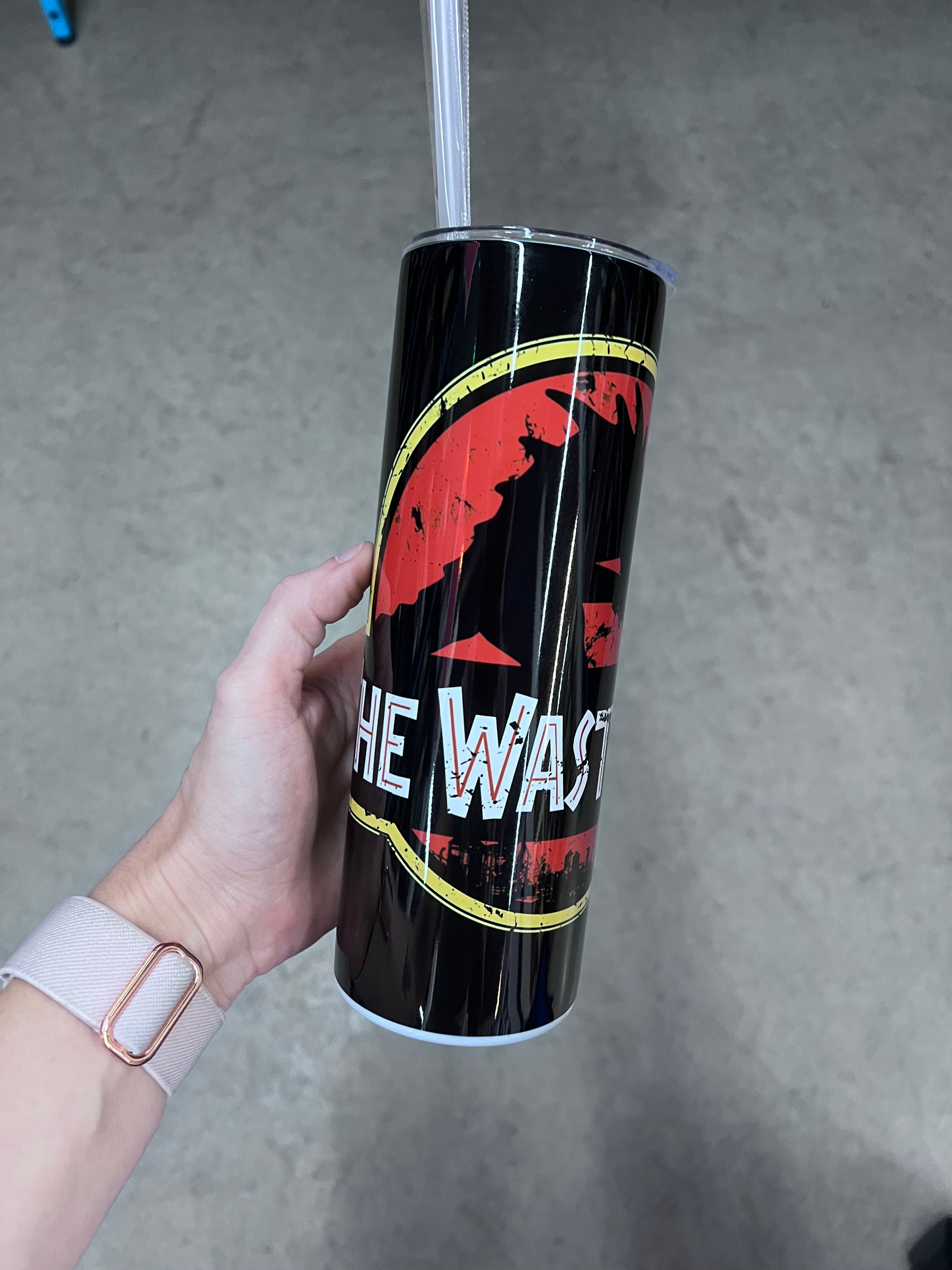 Fallout Deathclaw 20oz skinny tumbler with distressed wasteland inspired artwork