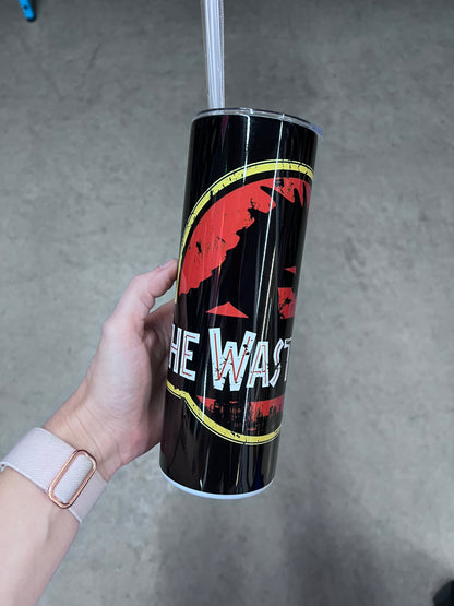 Fallout Deathclaw 20oz skinny tumbler with distressed wasteland inspired artwork