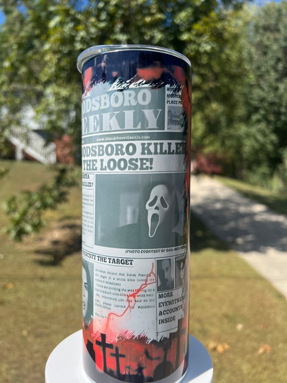 20oz Ghostface Woodsboro Tumbler | Scream featuring scream ghostface woodsboro inspired artwork