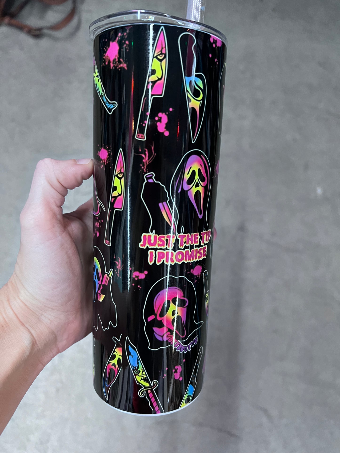 Ghostface Just the Tip 20oz horror tumbler with neon masks and knives
