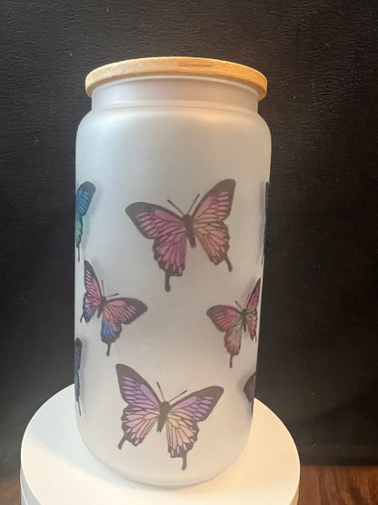 16oz Butterfly Frosted Glass Tumbler featuring butterfly aesthetic inspired artwork