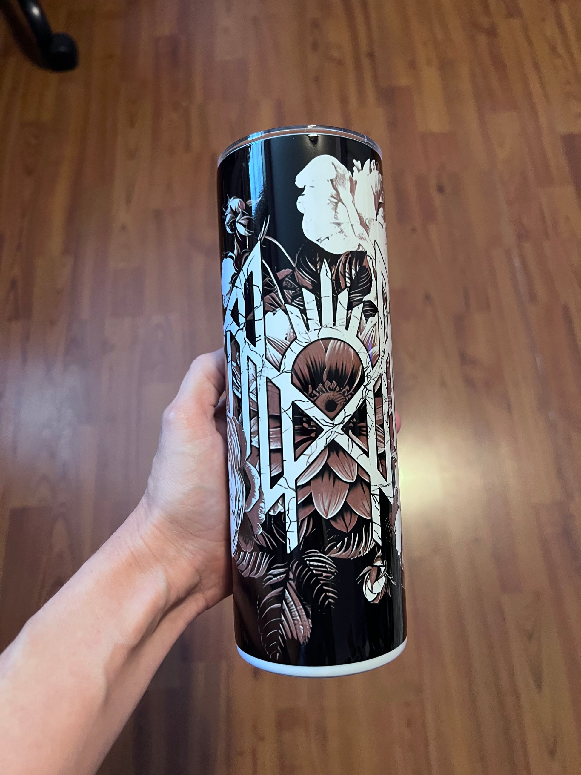 Sleep Token floral logo dark gothic tumbler with moody floral artwork