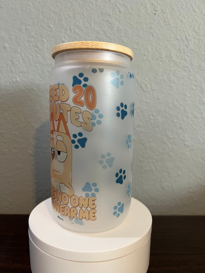 16oz Bluey Frosted Glass Tumbler featuring bluey cartoon dog inspired artwork