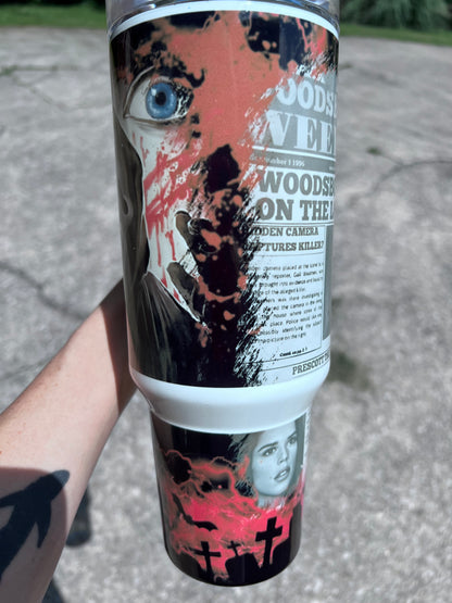 40oz Ghostface Woodsboro Weekly Tumbler featuring the themed design