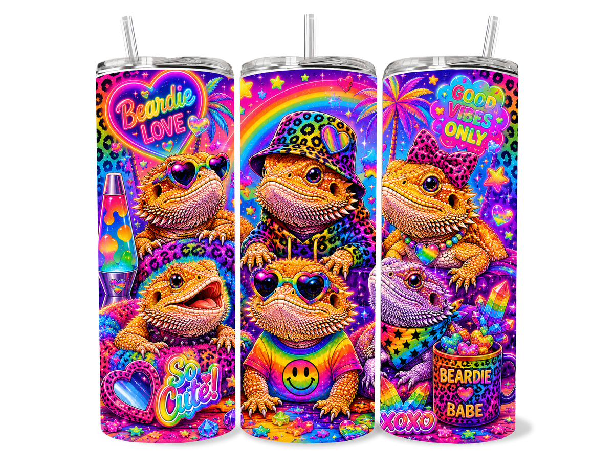 Beardies of Culture Beardie Love tumbler with colorful rainbow bearded dragon artwork
