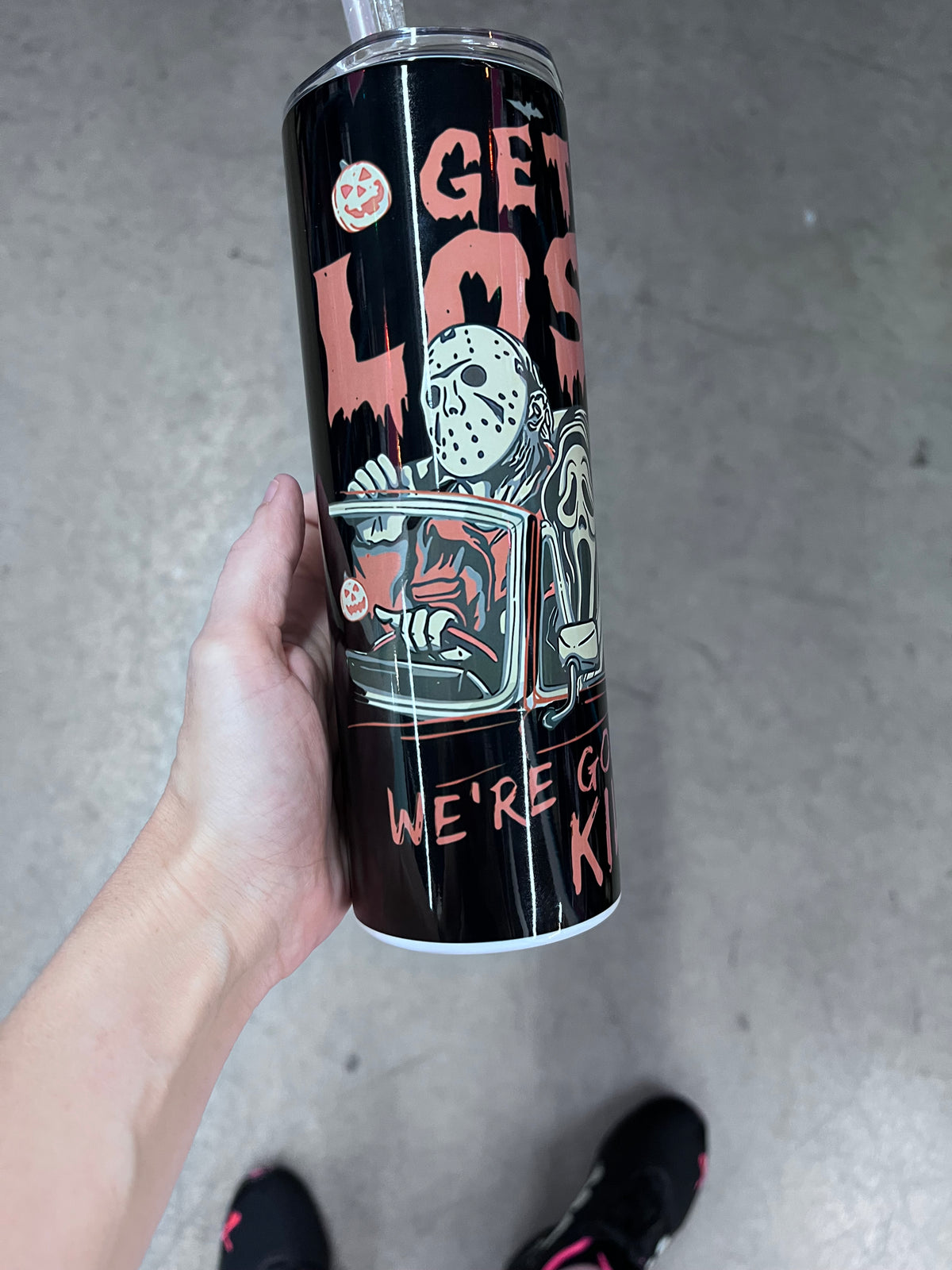 Horror icon carpool tumbler featuring Michael Myers, Jason, and Ghostface