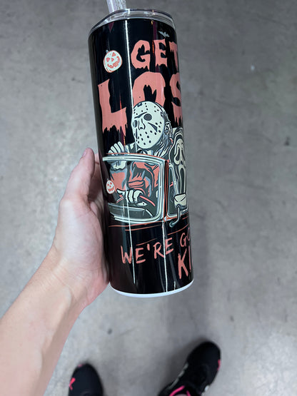 Horror icon carpool tumbler featuring Michael Myers, Jason, and Ghostface