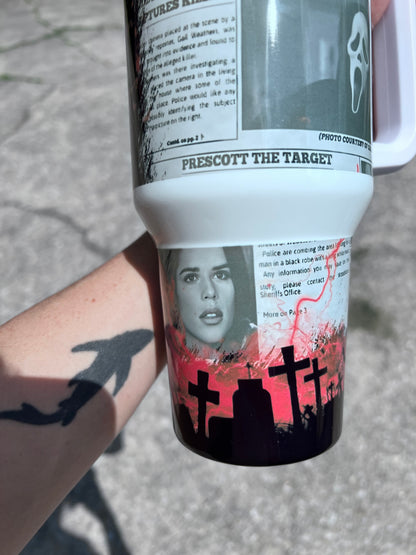 40oz Ghostface Woodsboro Weekly Tumbler featuring the themed design