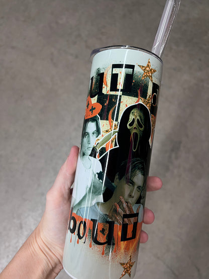 Custom 20oz skinny tumbler featuring a 90s Scream movie collage wrap with Billy Loomis, Stu Macher, and Ghostface aesthetics.