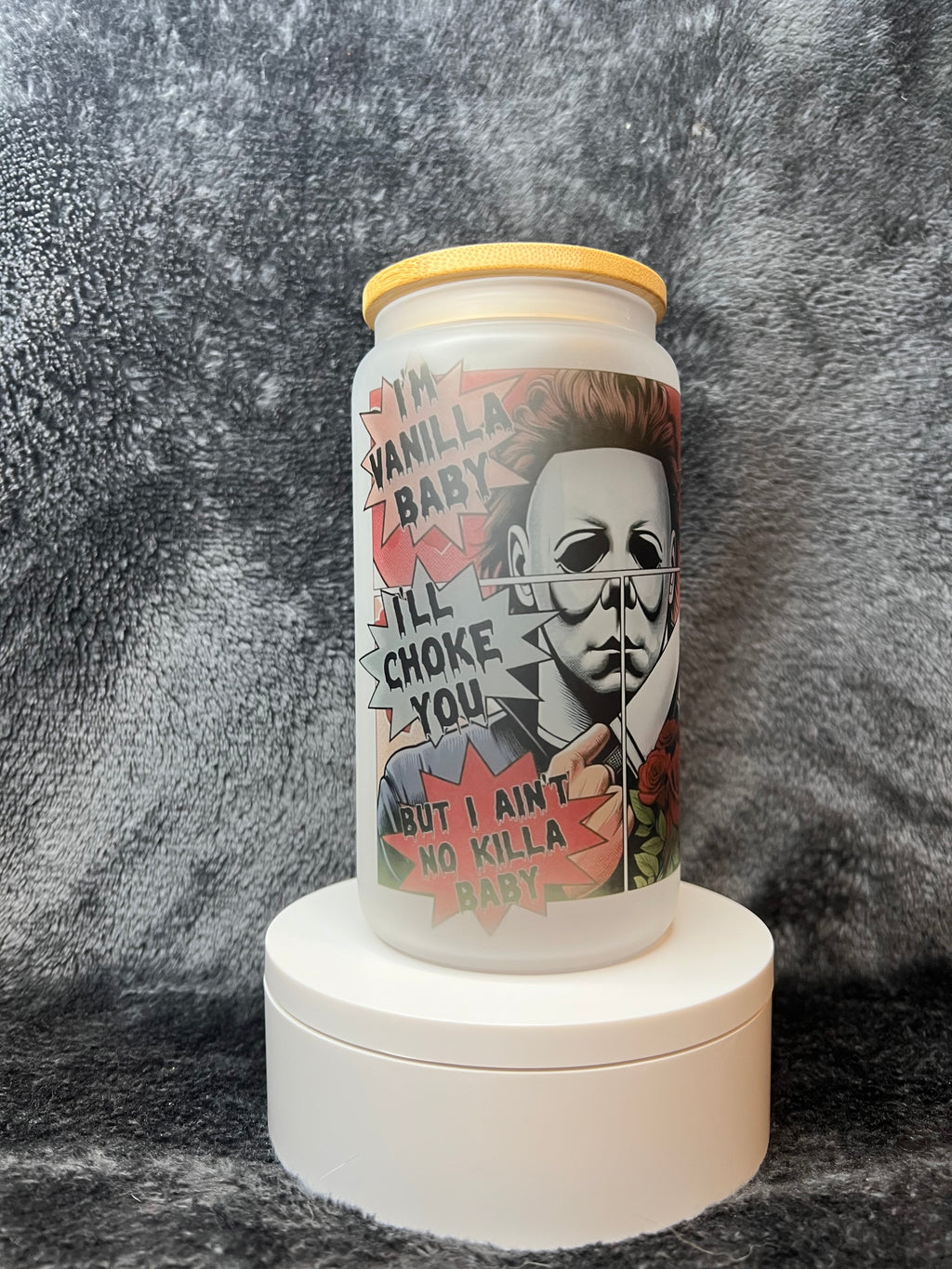 I’m Vanilla Baby Michael Myers Frosted Glass Can | Horror Girl Glass Cup | Spooky Aesthetic 16oz Libbey Style Glass